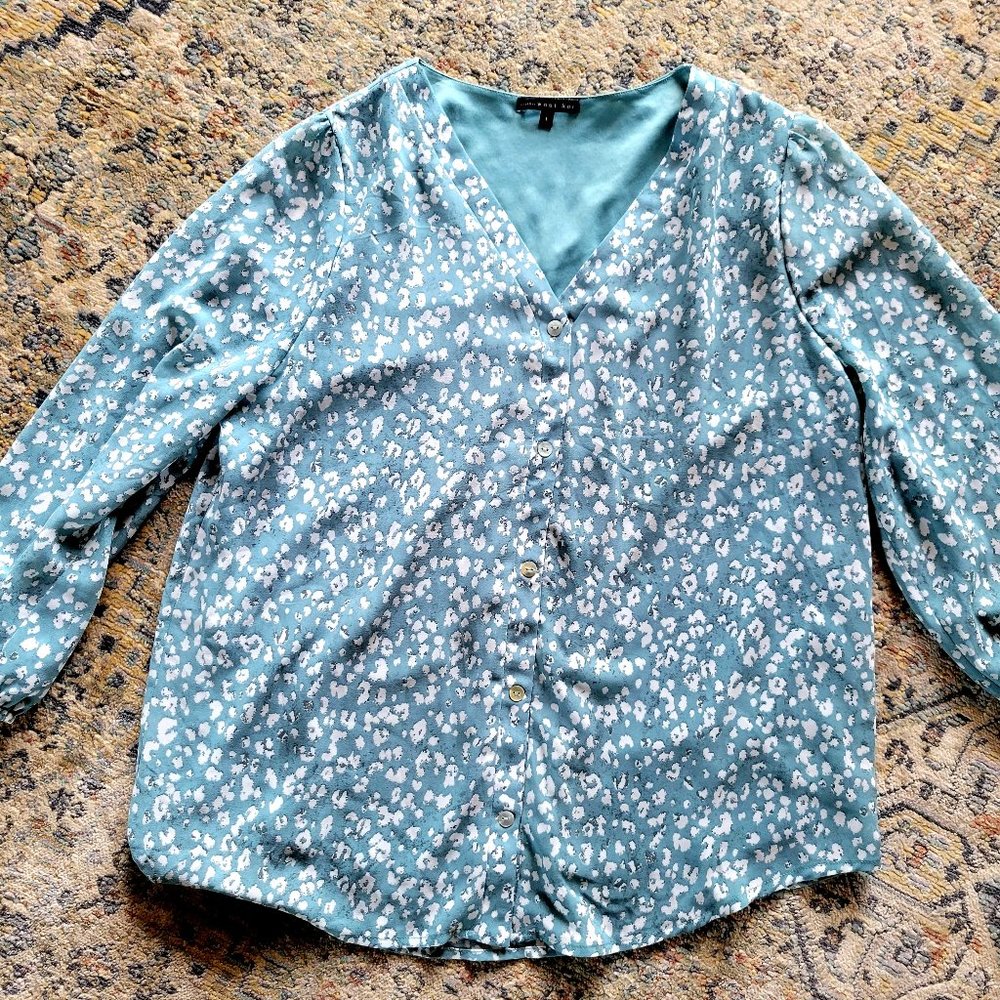 Womens Teal Button Front Floral Top Size L